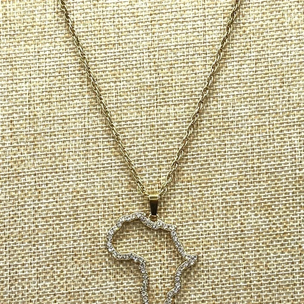 Africa Pendant Outline Gold Tone with clear rhinestones! 18” gold tone necklace!